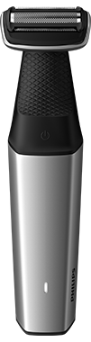 Photograph of black and metallic silver Philips Series 5000 body trimmer viewed face-on.