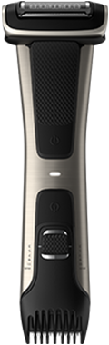 Photograph of black and metallic silver Philips Series 7000 body shaver, viewed face-on.
