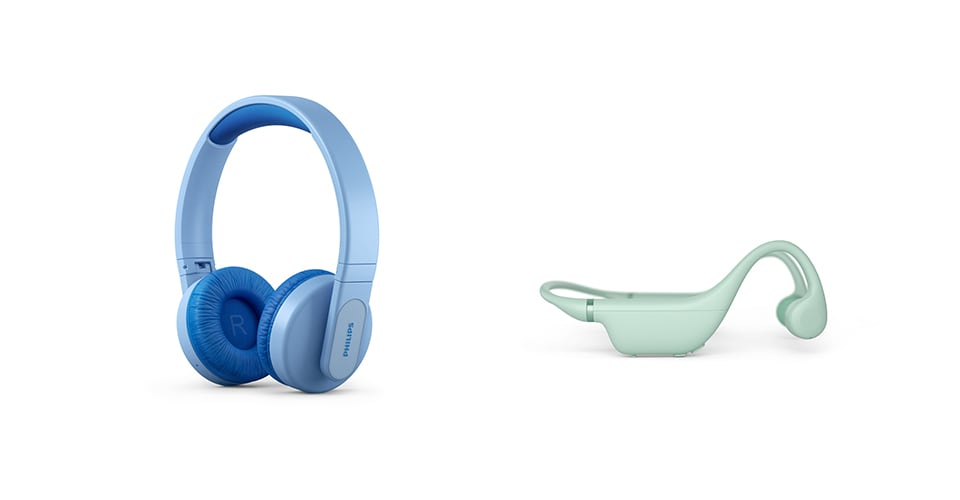 Dječje slušalice s plavom trakom za glavu i zelene dječje slušalice s otvorenim ušima