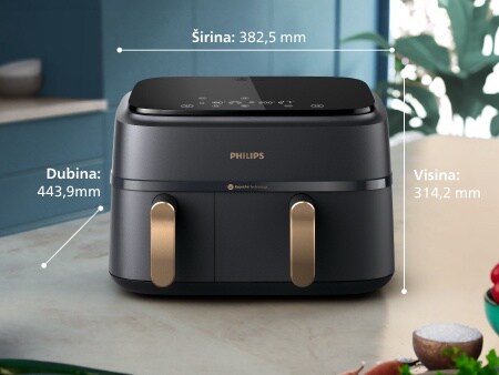 Aparat Philips s dvije košare uspravno položen na radnu površinu s popisom svih dimenzija: širina: 38,25 cm, dubina: 31,42 cm, visina: 44,39 cm
